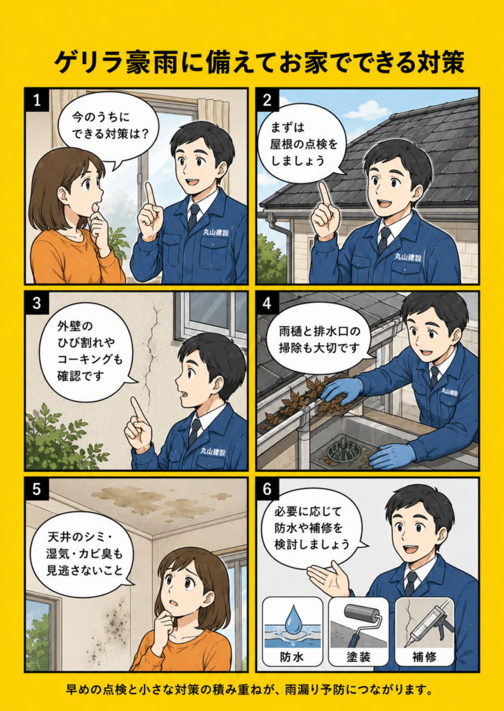 ゲリラ豪雨に備えて屋根点検、雨樋掃除、外壁ひび割れ確認、ベランダ排水口清掃、防水対策を行う重要性を漫画で解説する画像