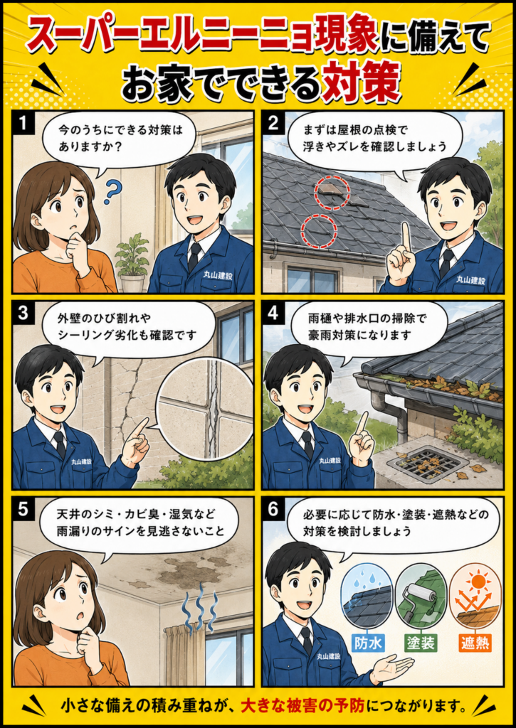スーパーエルニーニョ現象に備えて屋根点検・外壁確認・雨樋掃除・雨漏り対策・防水塗装を行う重要性を解説する漫画画像