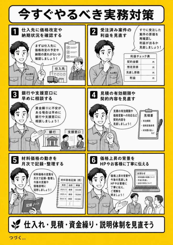 ナフサ不足や資材高騰に備えて、仕入れ状況、受注済み案件の利益、資金繰り、見積条件を見直す実務対策を解説する漫画
