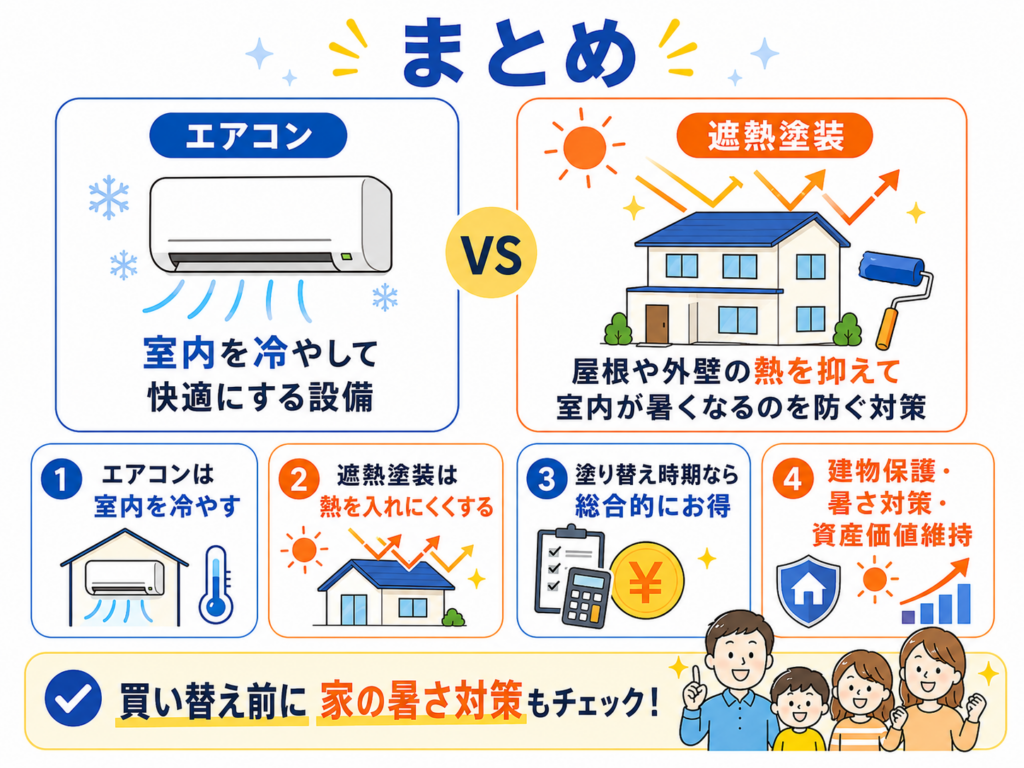 エアコン買い替え100万円、遮熱塗装、資産価値維持、熱中症対策を一枚で整理。