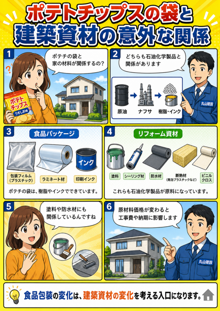 ポテトチップスの袋と建築資材が原油やナフサなどの石油化学製品を通じて関係していることを漫画で解説する画像