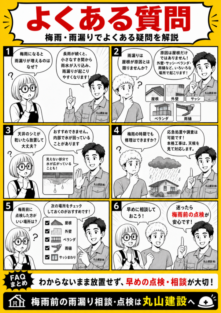 梅雨や雨漏りに関するよくある質問として、雨漏りが増える理由や原因箇所、梅雨時期の修理対応を解説する漫画