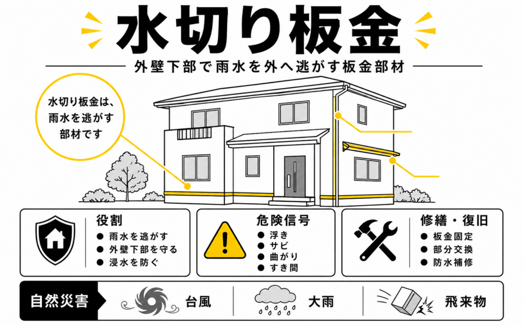 水切り板金の位置と雨水を外へ逃がす役割、劣化症状を示した解説図
