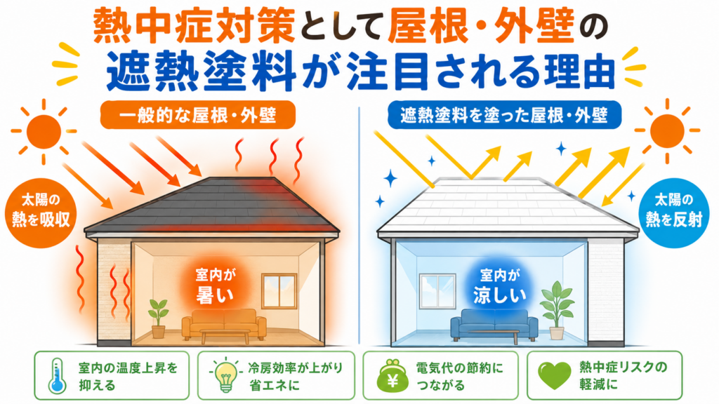 熱中症対策として屋根・外壁の遮熱塗料が注目される理由を説明しているイラスト画像