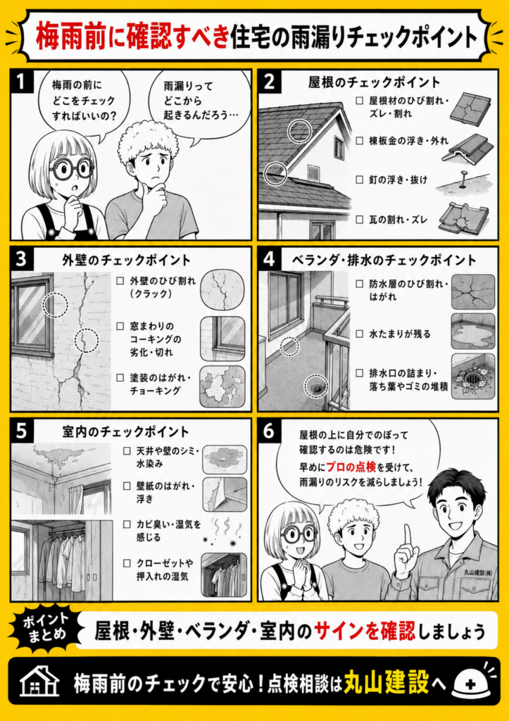 梅雨前に確認すべき屋根、外壁、ベランダ、雨樋、室内の雨漏りサインをチェックリストで解説する漫画