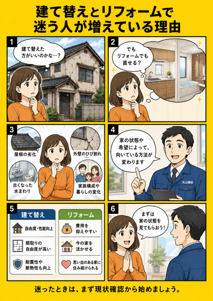 建て替えとリフォームのどちらがお得か悩む家族が、費用・築年数・家の劣化状況を比較している漫画画像