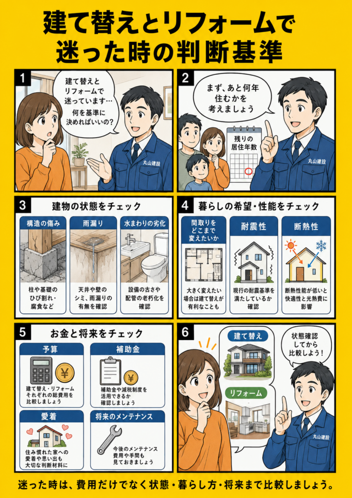 建て替えとリフォームで迷った時に、費用・築年数・劣化状況・耐震性・断熱性・今後住む年数で判断する漫画画像