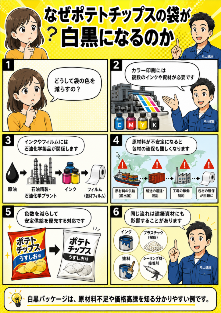ポテトチップスの袋が白黒になる背景として、印刷インクや包材、原油やナフサの調達不安を漫画で説明する画像