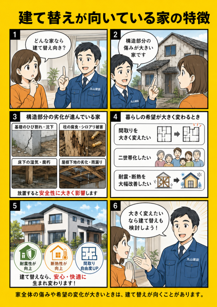 建て替えが向いている家として構造の傷みが大きい家、間取りを大きく変えたい家、耐震性や断熱性を大きく改善したい家を解説する漫画画像