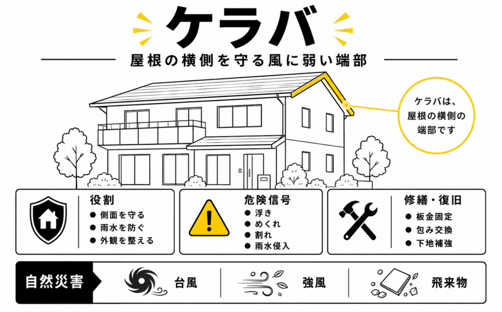屋根のケラバの位置、強風で破損しやすいポイント、修繕方法を示した解説図