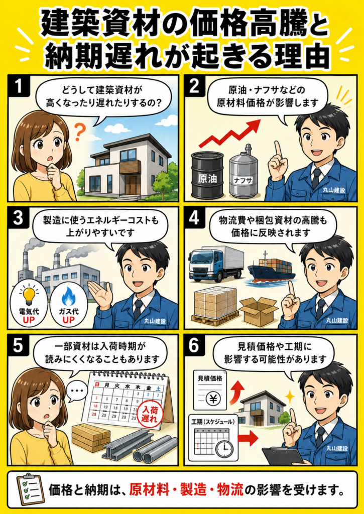 建築資材の価格高騰や納期遅れが、原材料価格・エネルギーコスト・物流費・資材不足によって起こることを漫画で解説する画像