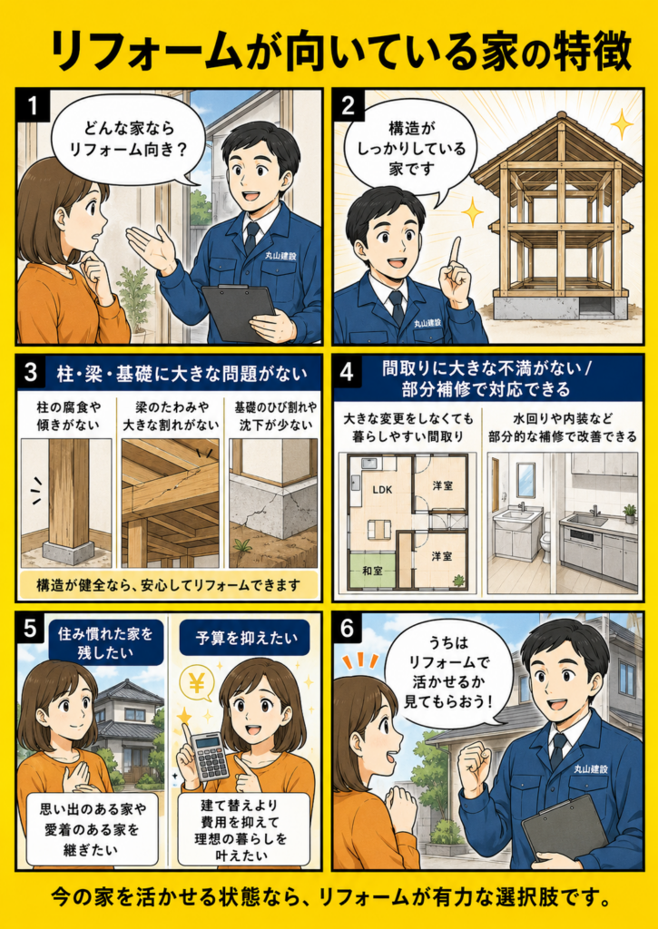 リフォームが向いている家として構造がしっかりしている家、屋根や外壁の部分補修で済む家、間取りに大きな不満がない家を解説する漫画画像