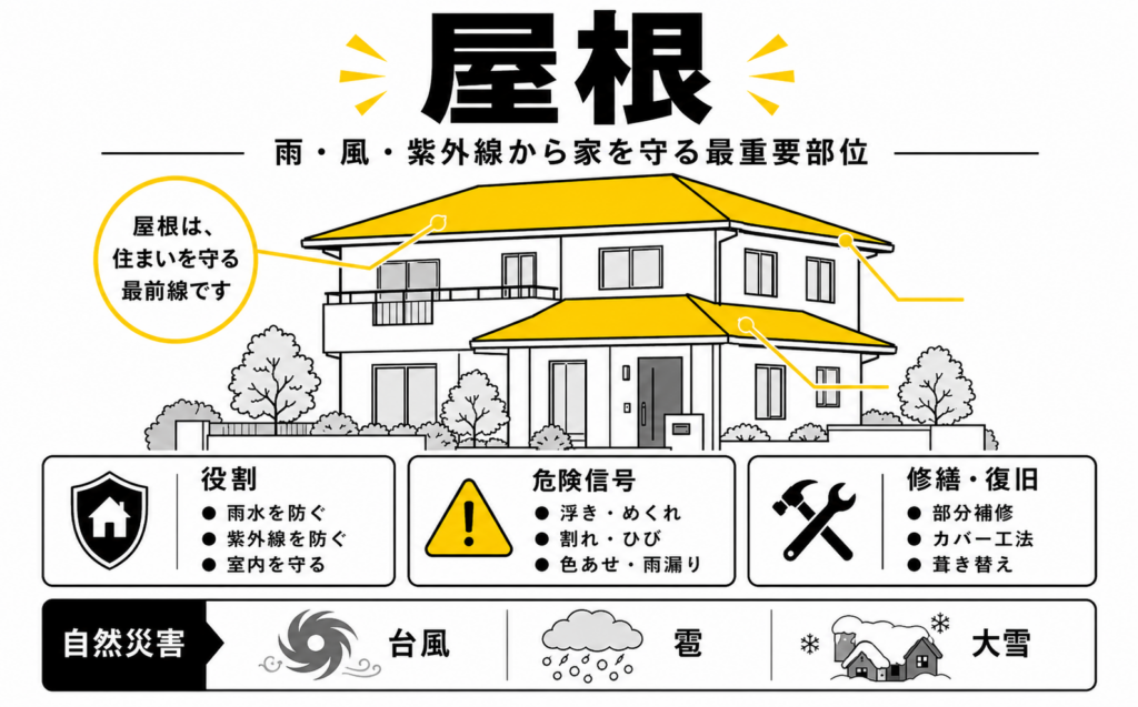 一戸建て住宅の屋根の役割、劣化サイン、自然災害による破損事例を示した解説図