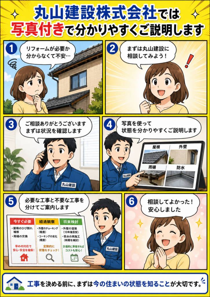 丸山建設株式会社が屋根・外壁・雨漏り・防水の状態を写真付きで説明し、必要な工事を分かりやすく案内する漫画画像