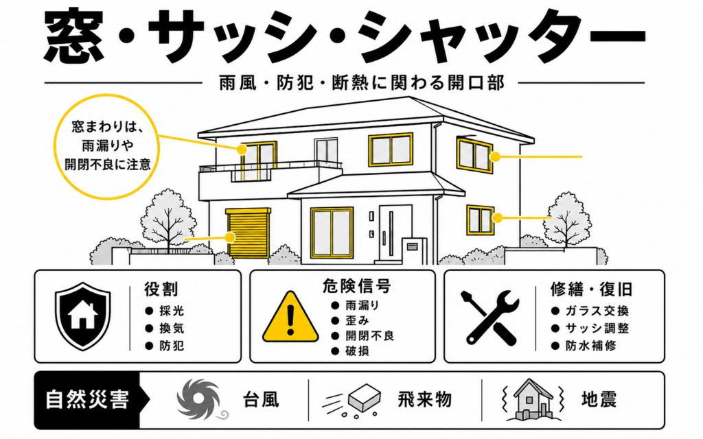 窓・サッシ・シャッターの役割と雨漏り・歪み・破損の危険信号を示した解説図