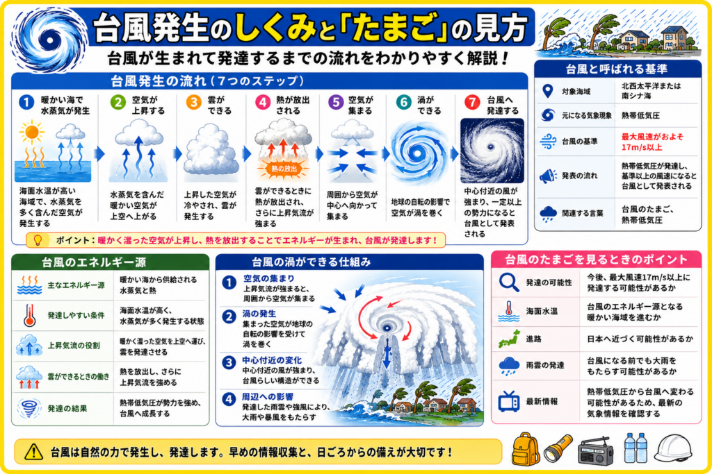 台風が発生するしくみ、暖かい海の水蒸気、上昇気流、雲の発達、渦の発生、台風のたまごの見方を解説した画像