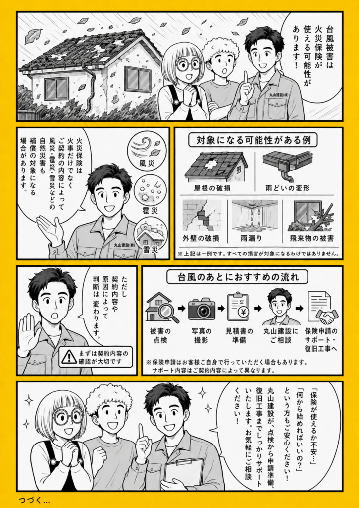 台風による屋根・雨どい・外壁・雨漏り・飛来物被害が火災保険の対象になる可能性と申請の流れを説明する漫画解説