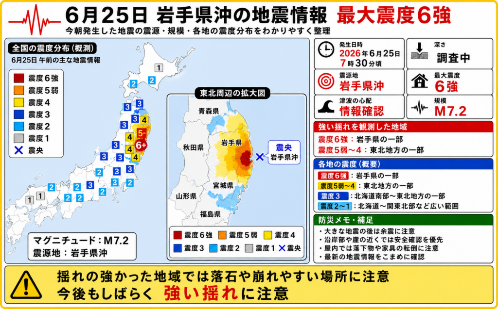 2026年6月25日朝に発生した岩手県沖の地震情報。青森県で最大震度6強、マグニチュード7.2、震源地、各地の震度分布、東北周辺の拡大図、防災上の注意点をまとめた防災インフォグラフィック