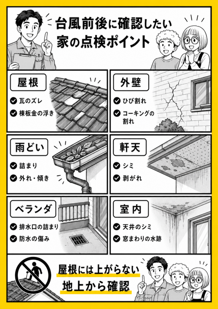 台風前後に確認したい屋根・外壁・雨どい・軒天・ベランダ・室内の点検ポイントと、屋根に上がらない注意点をまとめたチェックシート風漫画画像