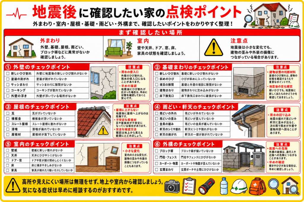 地震後に確認したい外壁・基礎・屋根・雨どい・軒天・室内・外構の点検ポイントと、屋根に自分で上がらない注意点を表と漫画イラストでまとめた画像