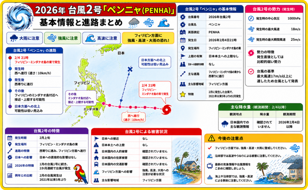 2026年台風2号ペンニャの発生場所、進路、フィリピン方面への影響、日本への直接的な影響なしをまとめた台風情報画像