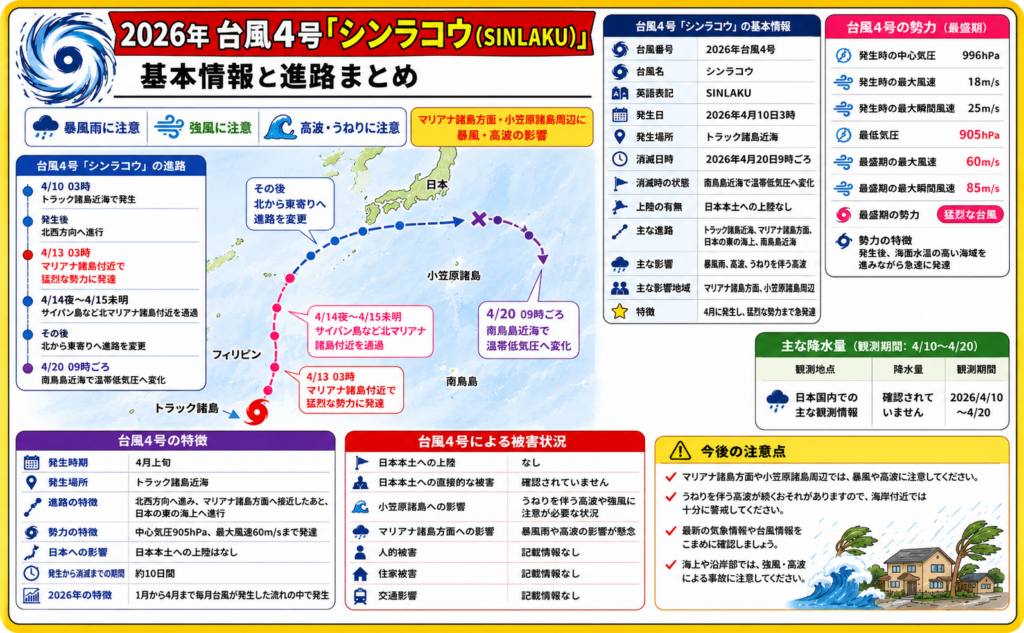 2026年台風4号シンラコウの進路、猛烈な勢力への発達、マリアナ諸島方面と小笠原諸島周辺への影響をまとめた画像