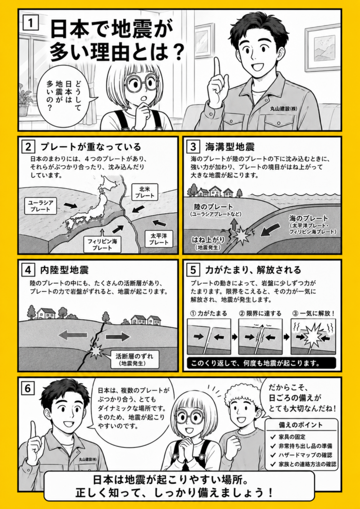 日本で地震が多い理由として、複数のプレートが重なる仕組み、海溝型地震、内陸型地震、力がたまって解放される流れを漫画で解説した画像
