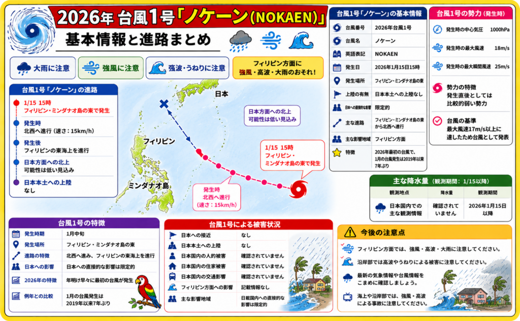2026年台風1号ノケーンの発生場所、進路、日本への影響、勢力、被害状況をまとめた台風情報画像