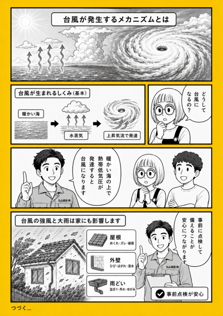 暖かい海の水蒸気と上昇気流で熱帯低気圧が発達し、台風になる仕組みと住宅への影響を説明する漫画図解