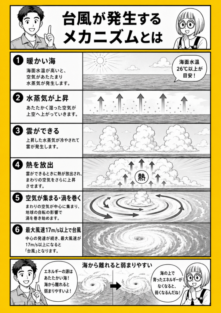 暖かい海の水蒸気が上昇し、雲の発生や熱の放出、空気の渦によって台風が発生する仕組みを段階的に説明する漫画図解