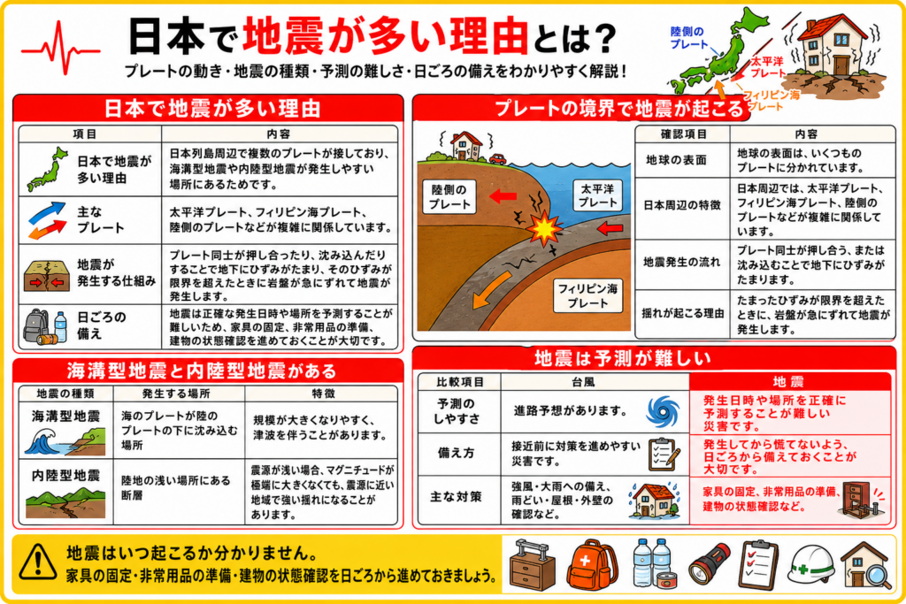 日本で地震が多い理由について、複数のプレートが接する日本列島周辺の特徴、プレート境界で地震が起こる仕組み、海溝型地震と内陸型地震の違い、地震の予測が難しい理由と日ごろの備えを表とイラストで解説した画像