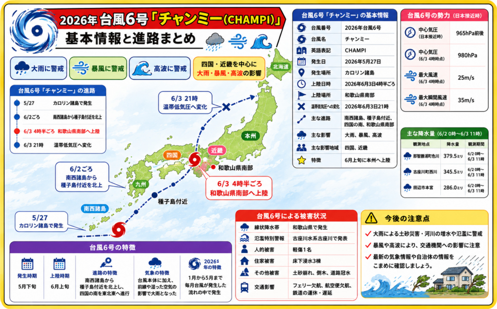 2026年台風6号チャンミーの進路、和歌山県南部への上陸、大雨・暴風・高波・被害状況をまとめた台風情報画像