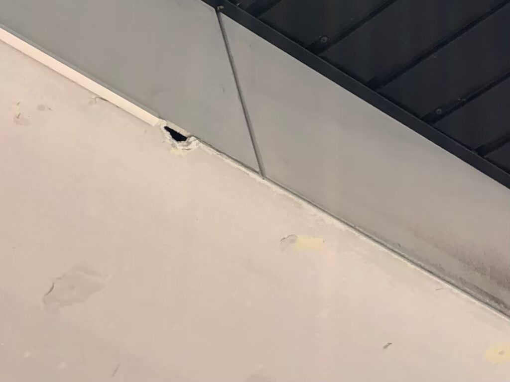 大きな穴が開き内部の木材が見えている軒天