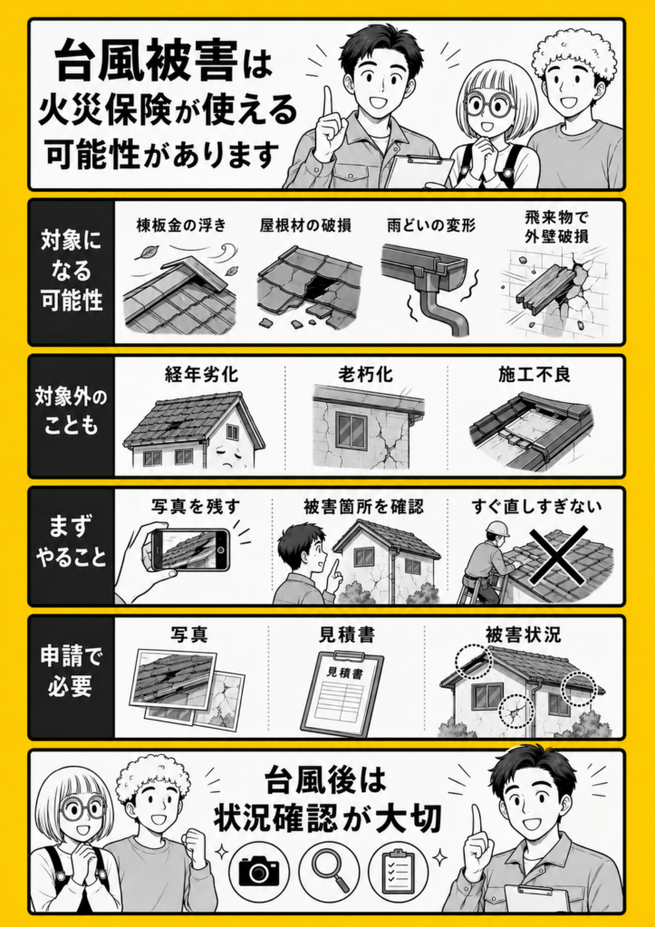 台風による棟板金の浮き、屋根材の破損、雨どいの変形、飛来物による外壁被害が火災保険の対象になる可能性と申請時の確認ポイントを説明する漫画画像