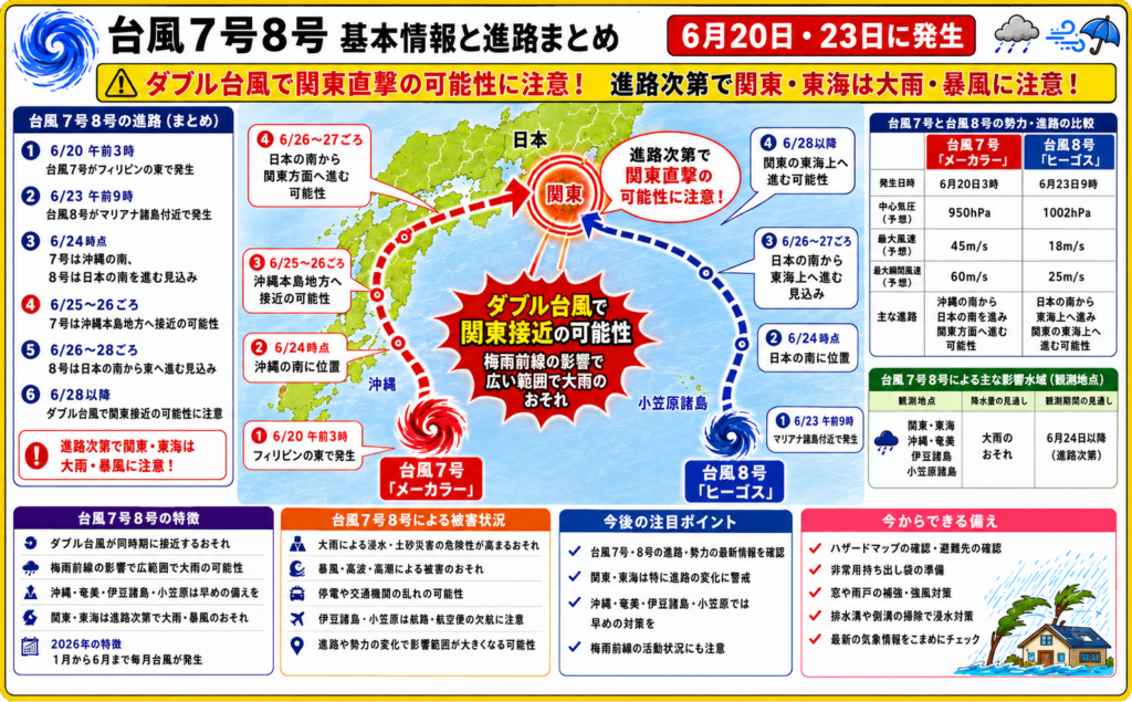 台風7号8号の進路まとめ。台風7号メーカラーと台風8号ヒーゴスの発生日時、予想進路、関東・東海への大雨や暴風の注意点、ダブル台風による影響を地図と表で解説した防災インフォグラフィック。