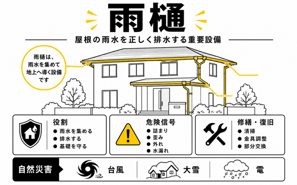 雨樋の役割、詰まり・歪み・破損による住宅への影響を示した解説図