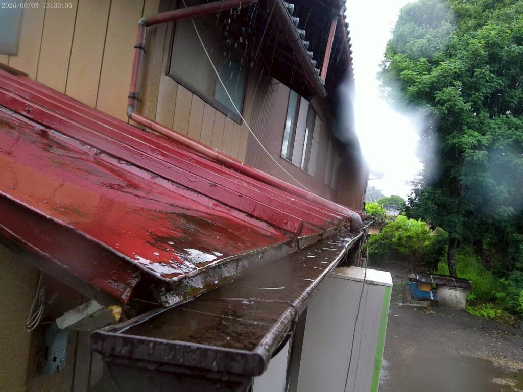 落ち葉の詰まりで排水不良を起こした雨樋