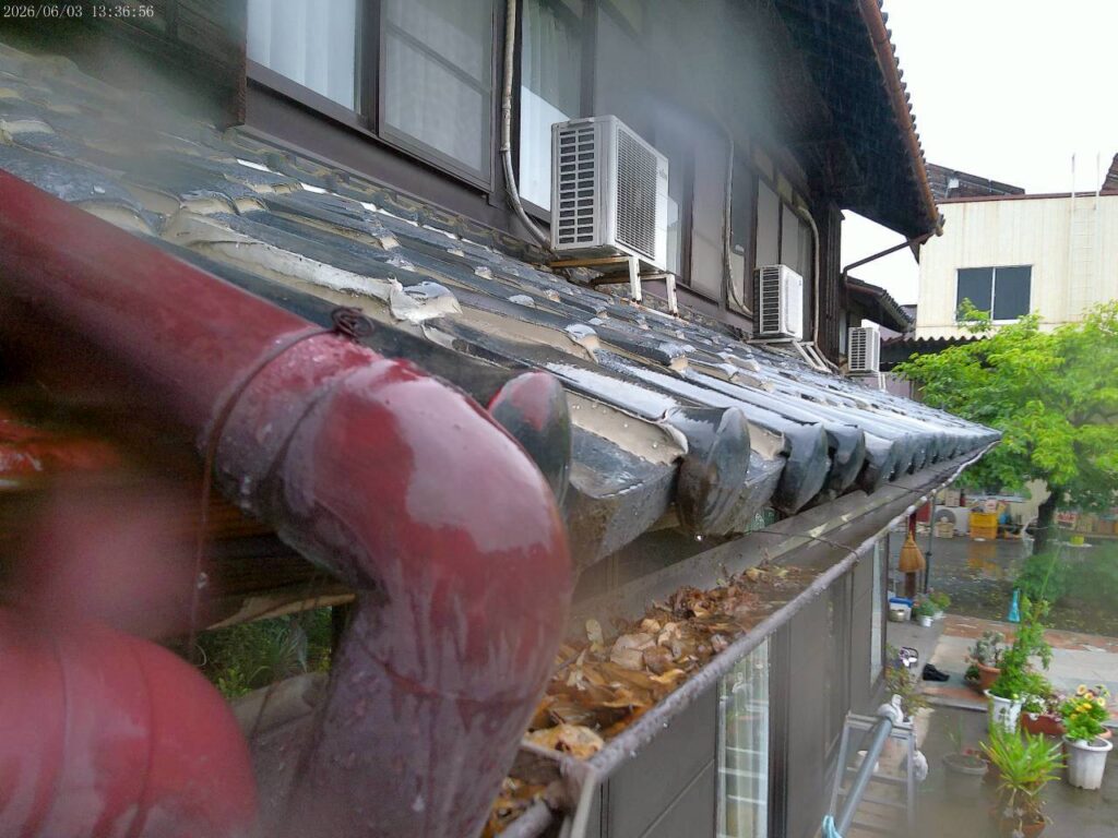 落ち葉の詰まりで排水不良を起こした雨樋