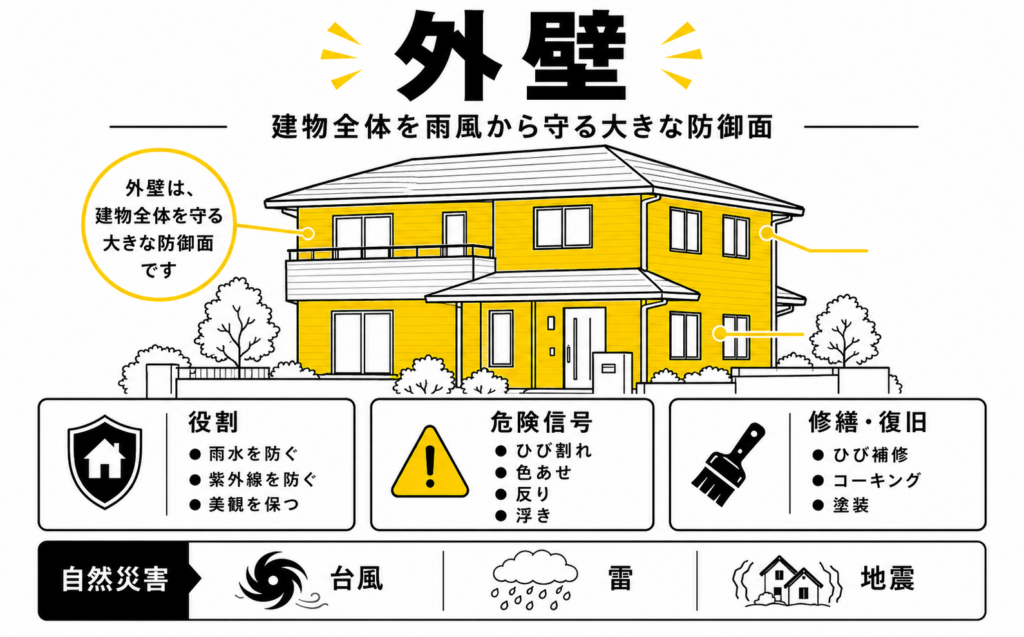 外壁の役割、ひび割れ・チョーキング・浮きなどの劣化症状を示した解説図